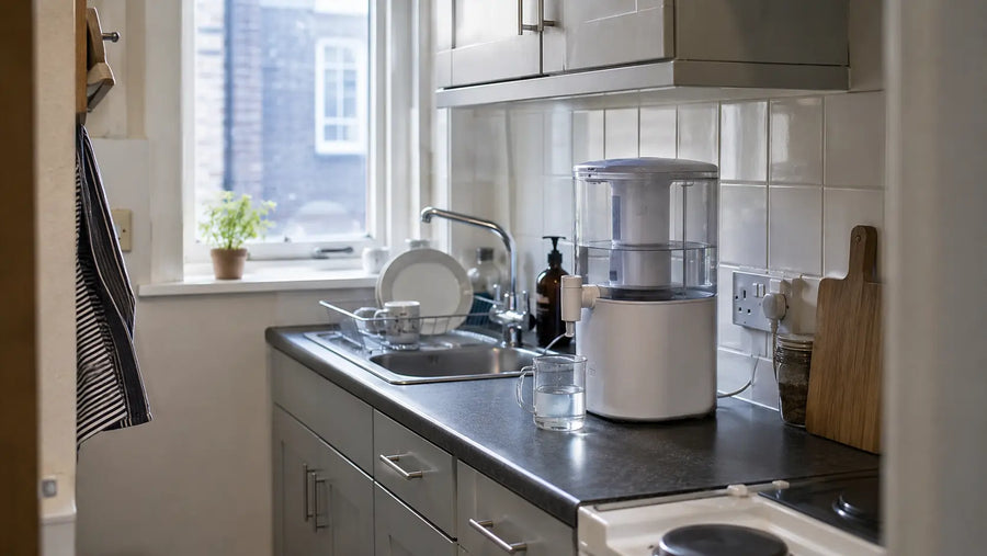 Countertop water purifier in a small rented flat kitchen in the UK